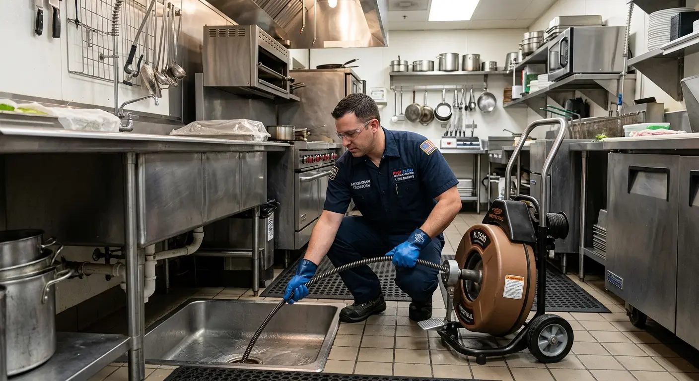 Commercial drain cleaning service in a restaurant kitchen in North Coventry