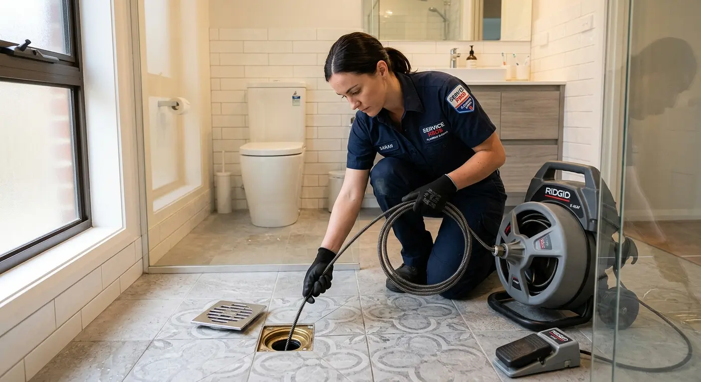 Technician clearing a bathroom floor drain for Drain Cleaning in North Coventry